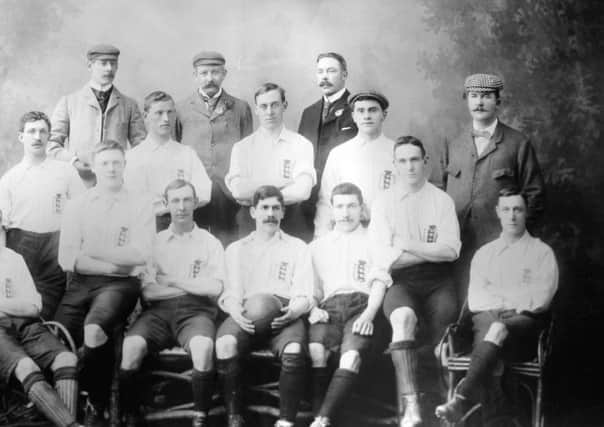The England team that faced Scotland in 1898, with Fred front row, far right.