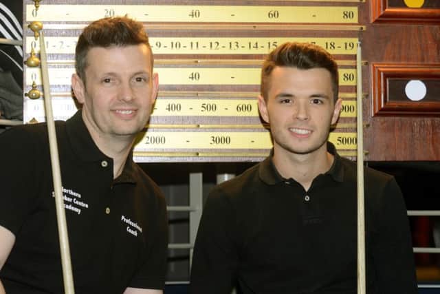 Father and son,  Peter Lines  (left) with son Oliver Lines at the Northern Snooker Centre in Leeds.