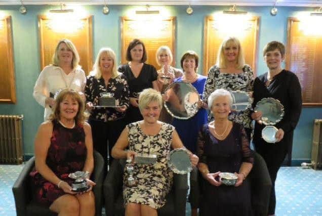 Prize-winners at Huddersfield ladies' annual dinner. Back row, l-r: Cherrie Myers, Lynne Saxton, Claire Roberts, Maxine Rowlands, Lesley Senior, Pat Poole and Amanda Hill. Front row, l-r: Sue Ramsbottom, June Sowden and Mary Durrans.