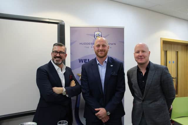 L-R: Sean Jarvis Commercial Director Huddersfield Town Football Club, Yorkshire CCC 1st team coach Andy Gale and Kirklees College Commercial Manager Jason Taylor.