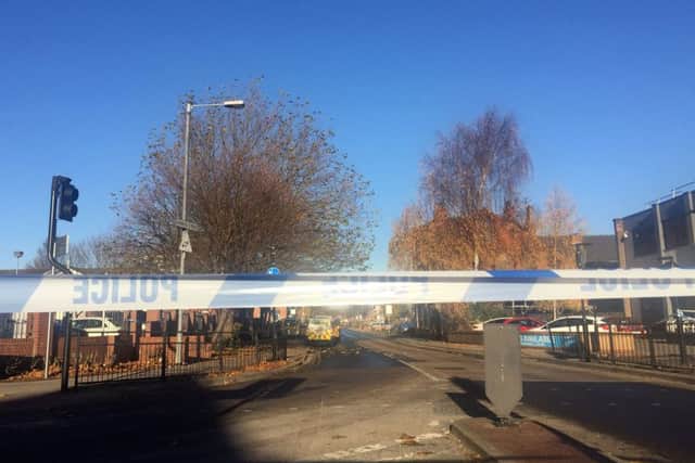 The cordoned-off scene around Charles Street, in Hull, where a 31-year-old man was shot and injured by police "following reports of concerns for the safety of the public".