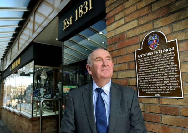 A Fattorini The Jeweller in Harrogate is celebrating 185 years, by getting a brown plaque to commemorate the occasion. Pictured Anthony Tindall, owner and descendant of the original founder of the business. 30th November 2016. Picture : Jonathan Gawthorpe