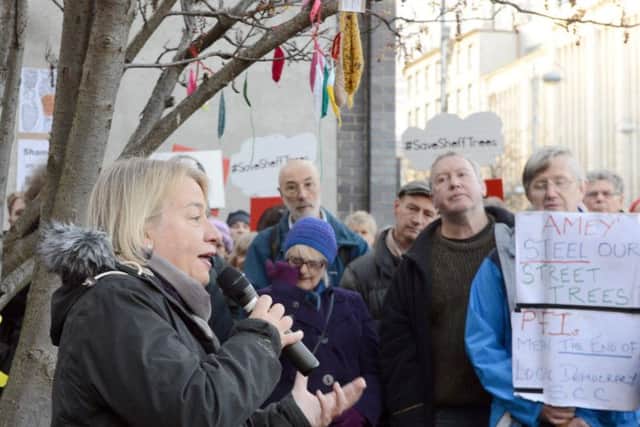 150 people gathered outside Sheffield Magistrates' Court to support three people charged with obstructing council contractors. Picture: Ross Parry Agency