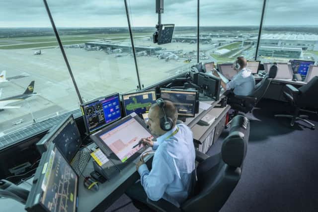 Inside the National Air Traffic Services air traffic control tower at London Stansted Airport