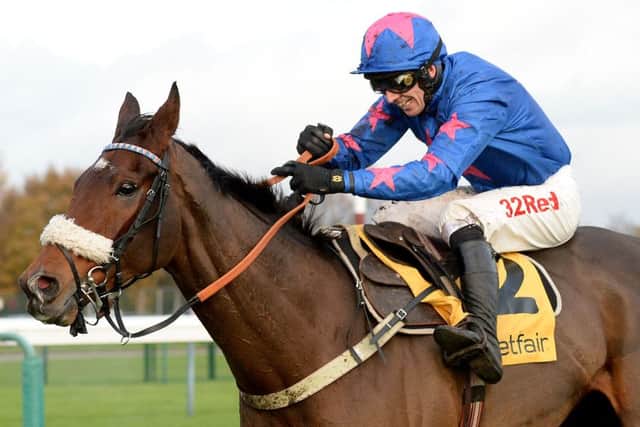 Cue Card ridden by Paddy Brennan after clearing the final fence to win the Betfair Steeple Chase during Betfair Chase day at Haydock Racecourse. (Picture: Anna Gowthorpe/PA Wire)