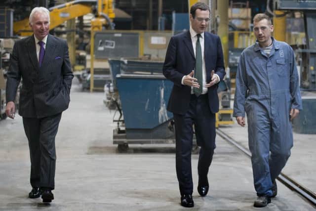 1 December 2016.
George Osborne with Sir Andrew Cook CBE, left,  Chairman of William Cook Holdings Ltd, during his visit to their Leeds plant today (Thursday) in support of the Northern Powerhouse initiative.