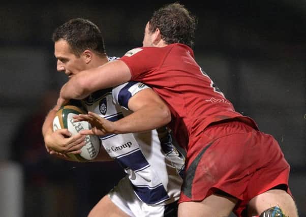 Pete Lucock, pictured left against Jersey, makes his 100th appearance for Yorkshire Carnegie tonight. (Picture: Bruce Rollinson)