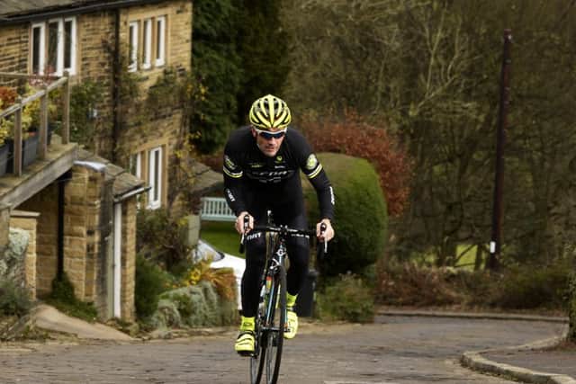 Local cyclist Matt Denby tackles the 15% cobbles of Shibden Wall which will feature in the 3rd and final stage of the 2017 Tour de Yorkshire from Bradford to Fox Valley in South Yorkshire.
 Picture: Bruce Rollinson