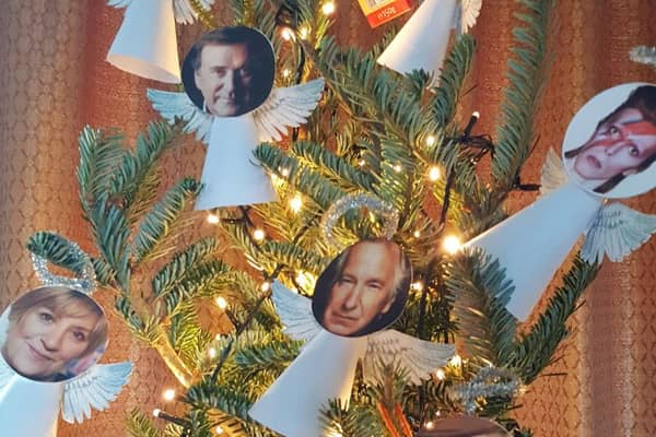 A Christmas tree made by a woman in York, paying tribute to all the celebrities who died in 2016.