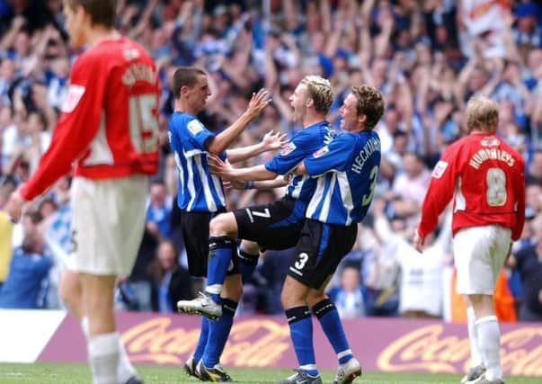 DAY TO REMEMBER: Sheffield Wednesdays Jon-Paul McGovern celebrates putting them ahead in the League One play-off final against Hartlepool in Cardiff