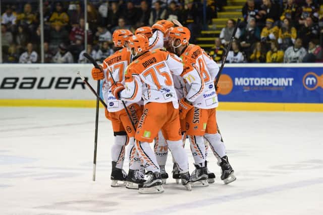 Steelers celebrate during their 5-4 win in Nottingham on Saturday. Picture courtesy of EIHl/Karl Denham.