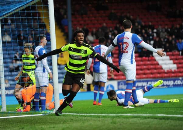Huddersfields Kasey Palmer celebrates opening the scoring in the Championship encounter at Blackburn (Picture: Jonathan Gawthorpe).