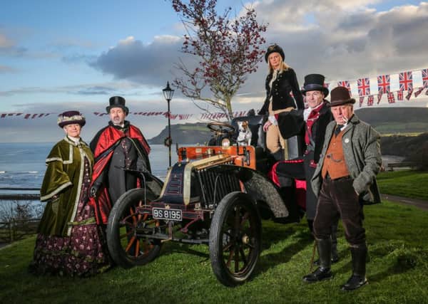 Mary and Phil Matthison, David Friar, Maria Eden and Muir Mennell with Jack russell Molly at the 23rd Victorian Weekend in Robin Hood's Bay. (w164803a)