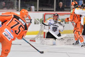Robert Dowd fires in a shot on Nottingham netminder  Jindrich Pacl during Sunday night's 6-1 mtriumph. Picture: Dean Woolley.