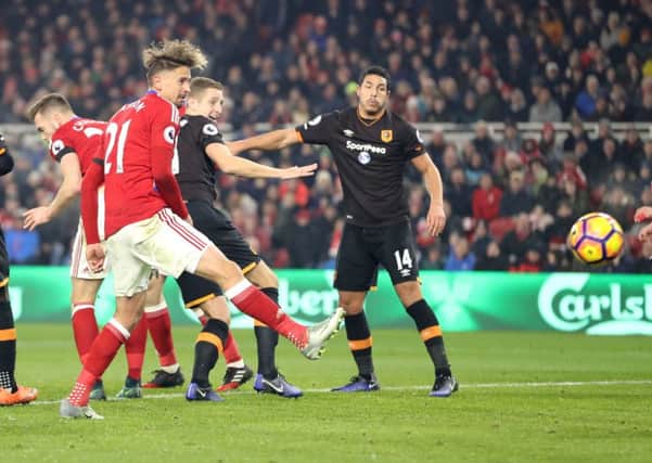 Middlesbrough's Gaston Ramirez scores his side's first goal of the game during the Premier League match at the Riverside Stadium, Middlesbrough. (Picture: PA)