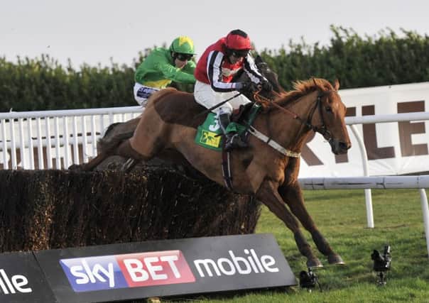 Simply Ned, with Brian Harding on board, jump the final fence as they go on to win the TRM Excellence In Equine Nutrition Chase at Doncaster (Picture: John Giles/PA Wire).