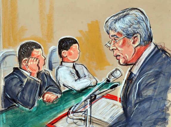 The two brothers who tortured two young boys, as they appeared in court. Drawing: Priscilla Coleman