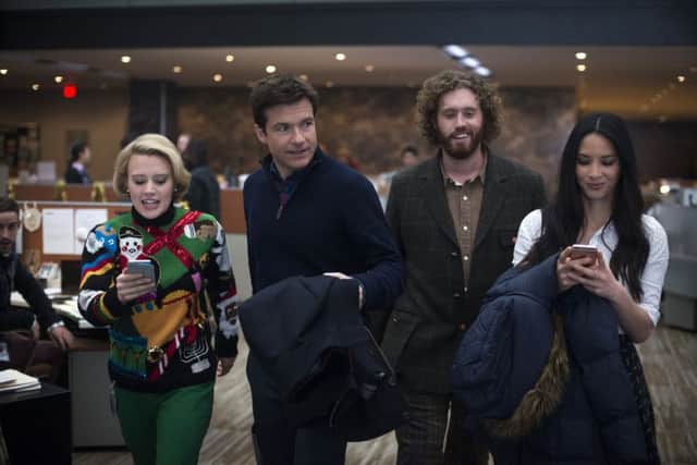 Undated Film Still Handout from OFFICE CHRISTMAS PARTY. Pictured: Kate McKinnon as Mary Winetoss, Jason Bateman as Josh Parker, T.J. Miller as Clay Vanstone, Olivia Munn as Tracey Hughes. See PA Feature FILM Reviews. Picture credit should read: PA Photo/eOne. WARNING: This picture must only be used to accompany PA Feature FILM Reviews.