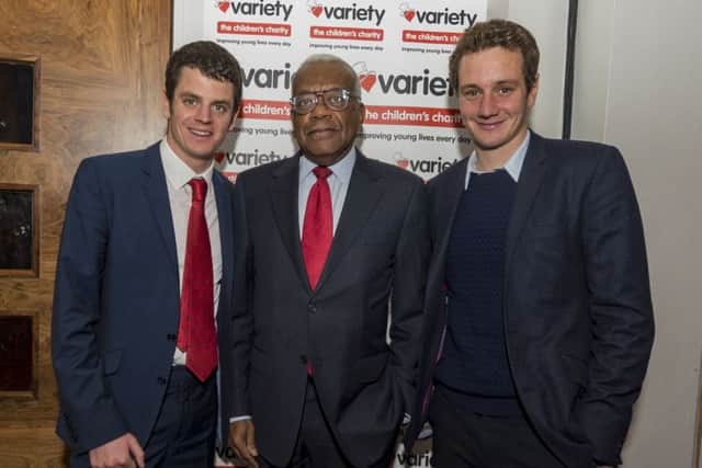 Date:9th December 2016. Picture James Hardisty.
30th Anniversary Yorkshire Business Awards 2016, held at The Queen's Hotel, Leeds. Pictured Special guest Sir Trevor McDonald OBE, with Jonathan and Alistair Brownlee.
