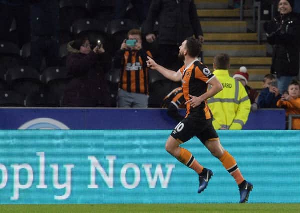 Hull City's Robert Snodgrass celebrates after scoring his side's first goal in the 3-3 draw with Crystal Palace (Picture: Anna Gowthorpe/PA Wire).games or single club/league/player publications.