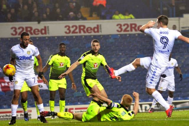 Chris Wood scores Leeds opening goal. Picture: Bruce Rollinson