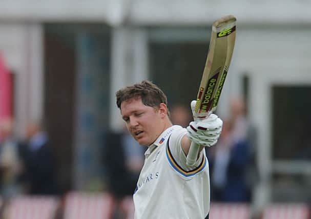 Century salute: Gary Ballance celebrates his 100 not out for Yorkshire in the County Championship encounter against Nottinghamshire at Scarborough in August. Picture: Dave Williams