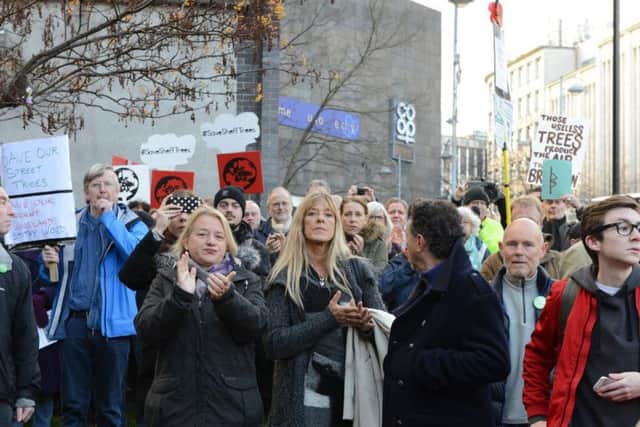 Natalie Bennett alongside tree protesters outside court. Picture Marisa Cashill/The Star