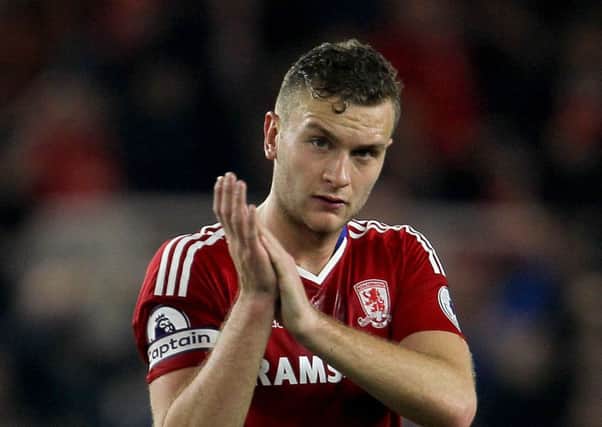 Middlesbrough's Ben Gibson looks chastened as he acknowledges the home fans after the loss to Liverpool (Picture: Richard Sellers/PA Wire).