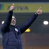 Huddersfield Town manager David Wagner celebrates after the final whistle at Carrow Road. Picture: Chris Radburn/PA
