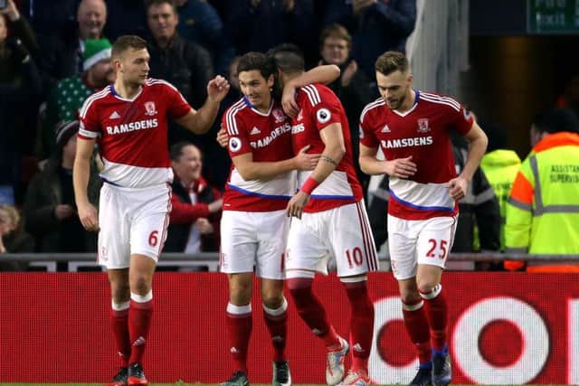 Middlesbrough's Alvaro Negredo (centre) celebrates scoring his side's second goal of the game from the penalty spot  (Photo: PA)