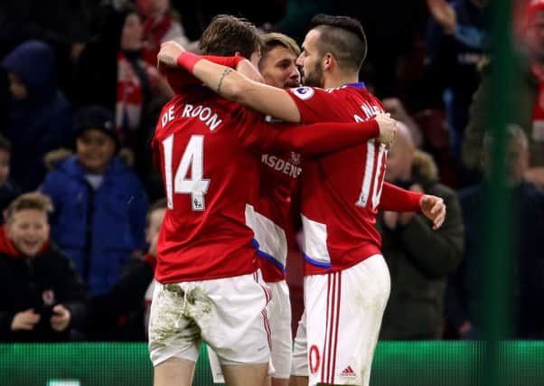 Middlesbrough's Marten de Roon celebrates scoring his side's third goal of the game