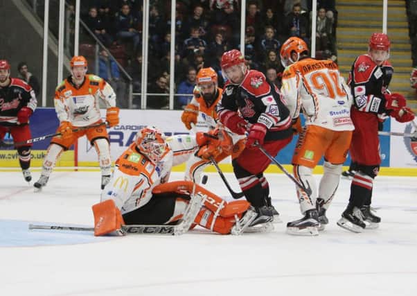 Steelers' netminder, Ervins Mustukovs deals with a goal threat from Cardiff on Saturday. Picture courtesy of Helen Brabon/EIHL.