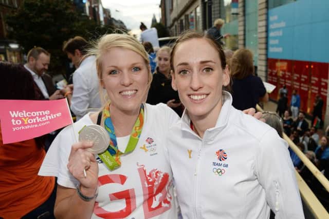 Zoe Lee, left, and Laura Weightman during the homecoming event in Leeds City Centre (Picture: Anna Gowthorpe/PA Wire).