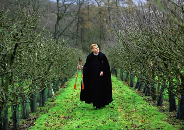 Father Luke, a monk at Ampleforth Abbey  in North Yorkshire, checking on the trees in the abbey.