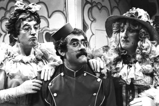 Pictured at the dress rehearsal of Cinderella at the Crucible Theatre are, left to right, Chris Johnston as Daffodil, Bobby Knutt as Buttons and Stanley Lloyd as Aubretia - 17th December 1981