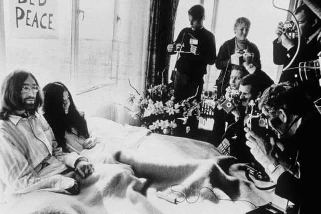 John Lennon and Yoko Ono during their Bed-In for Peace in 1969. (AP).