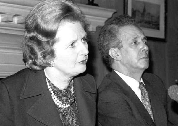 Prime Minister Margaret Thatcher and Industry Secretary Sir Keith Joseph at a press conference after a meeting with a TUC delegation at No. 10 Downing Street. Photo credit should read: PA Wire