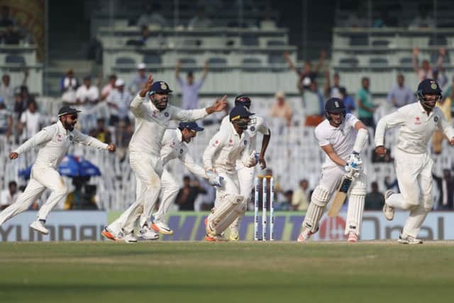 India start the celebrations after gaining the final wicket to win the final Test against England in Chennai and with it a 4-0 series victory (Picture: Tsering Topgyal/AP).