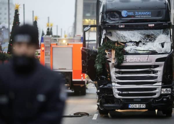 A truck which ran into a crowded Christmas market Monday evening.