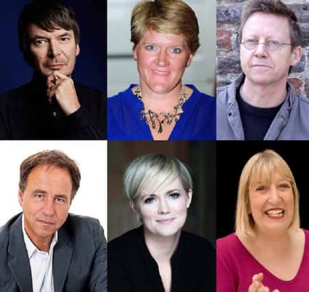 Clockwise from left, writers Ian Rankin, Clare Balding, Simon Mayo, Anthony Horowitz, Cecelia Ahern and Lynne Truss.