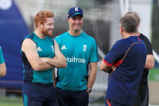 Michael Vaughan, second left, has a chat with Yorkshire's Jonny Bairstow, left.
