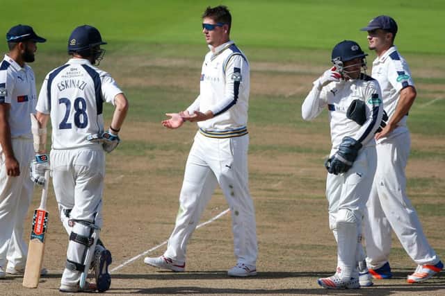 GOTCAH: Alex Lees celebrates taking his maiden first-class wicket against Middlesex at Lords