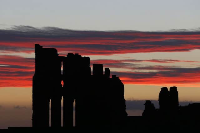 Tynemouth Priory before sunrise, as Britain braced itself for the arrival of Storm Barbara