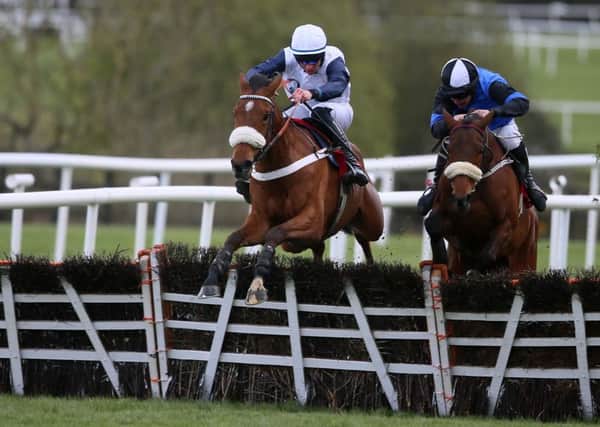 One Track Mind, left, pictured on the way to winning a Stayers Hurdle at Punchestown Festival. It has struggled, though, over fences (Picture: Neil Carson/PA).