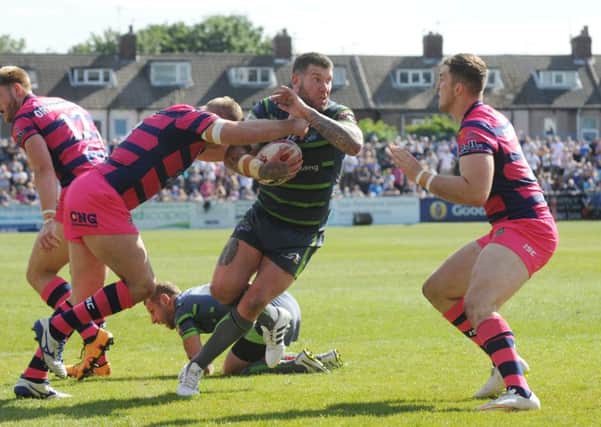 AGONY: Brett Delaney, seen in action against Featherstone Rovers back in August, the game where he suffered a dislocated kneecap which ended his season.