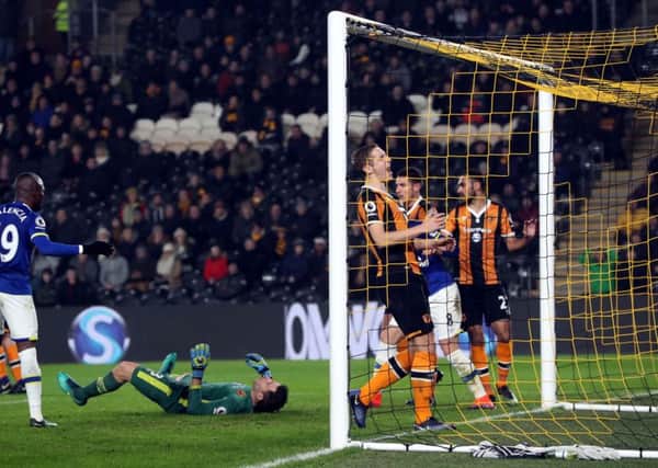 Hull City goalkeeper David Marshall reacts after scoring an own goal to make it 1-1 during the Premier League match at the KCOM Stadium.