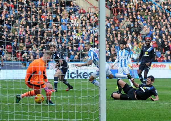 Nahki Wells scores Huddersfield Towns late equaliser against Blackburn Rovers with a delightful free-kick (Picture: Steve Riding).