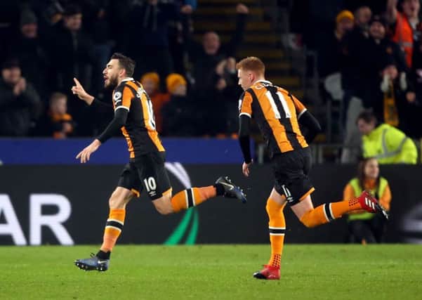 Hull City's Robert Snodgrass celebrates scoring his side's second goal against Everton on Friday night. Picture: Danny Lawson/PA.