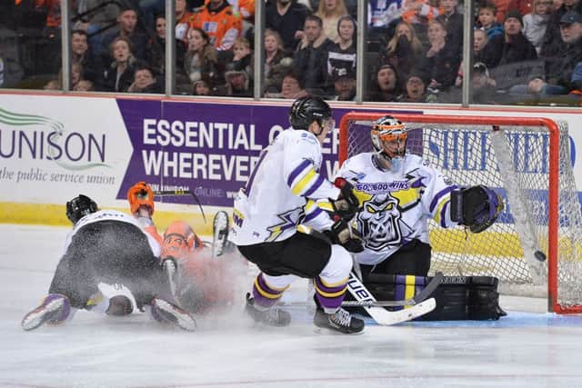 CLOSE: Mike Ratchuk, second left, No 44, goes close to scoring against Manchester on Saturday. Picture: Dean Woolley.