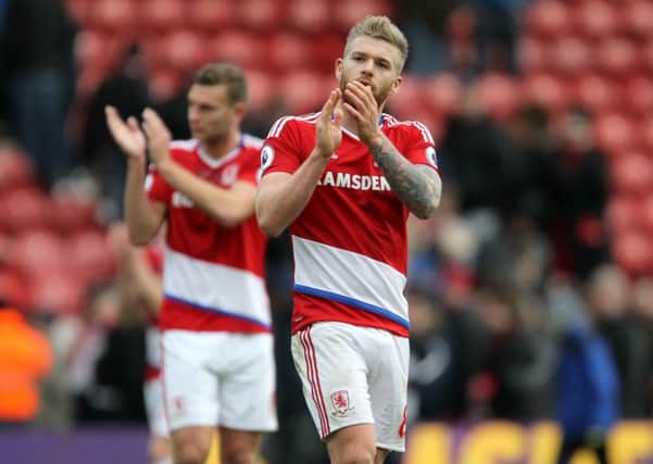 Middlesbrough's Ben Gibson applauds the fans as he walks off the pitch after the Premier League match at the Riverside Stadium, Middlesbrough. (Picture: PA)